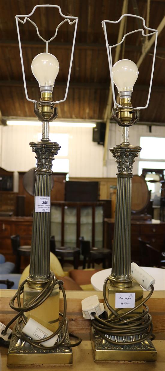 Pair brass corinthian column table lamps